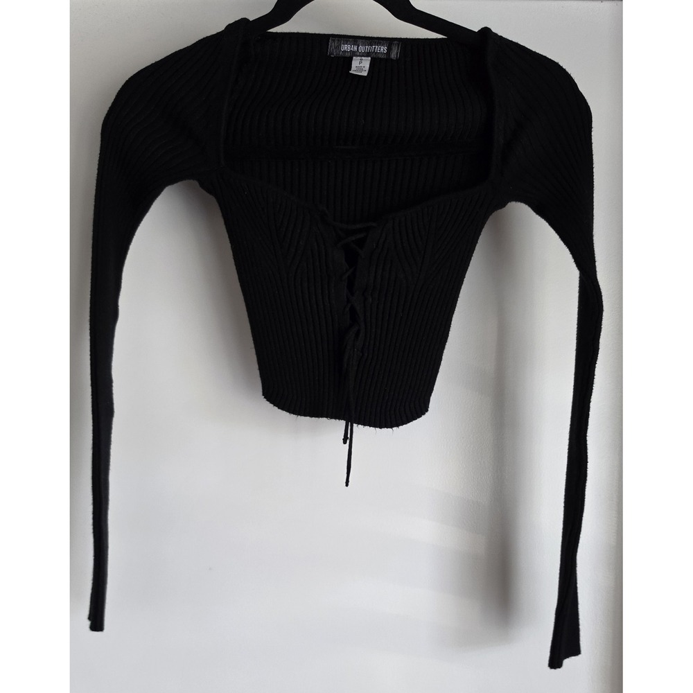 Urban Outfitters Womens Collared Black Ribbed Long Sleeve Top Blouse Size S